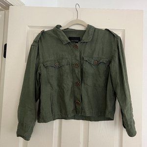 Sanctuary Linen Cropped Button-up, Green, XS